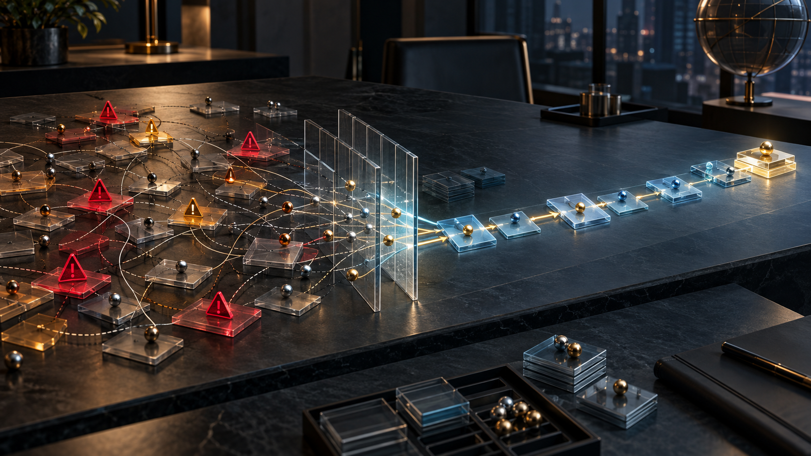 A complex project map becoming an ordered recovery path