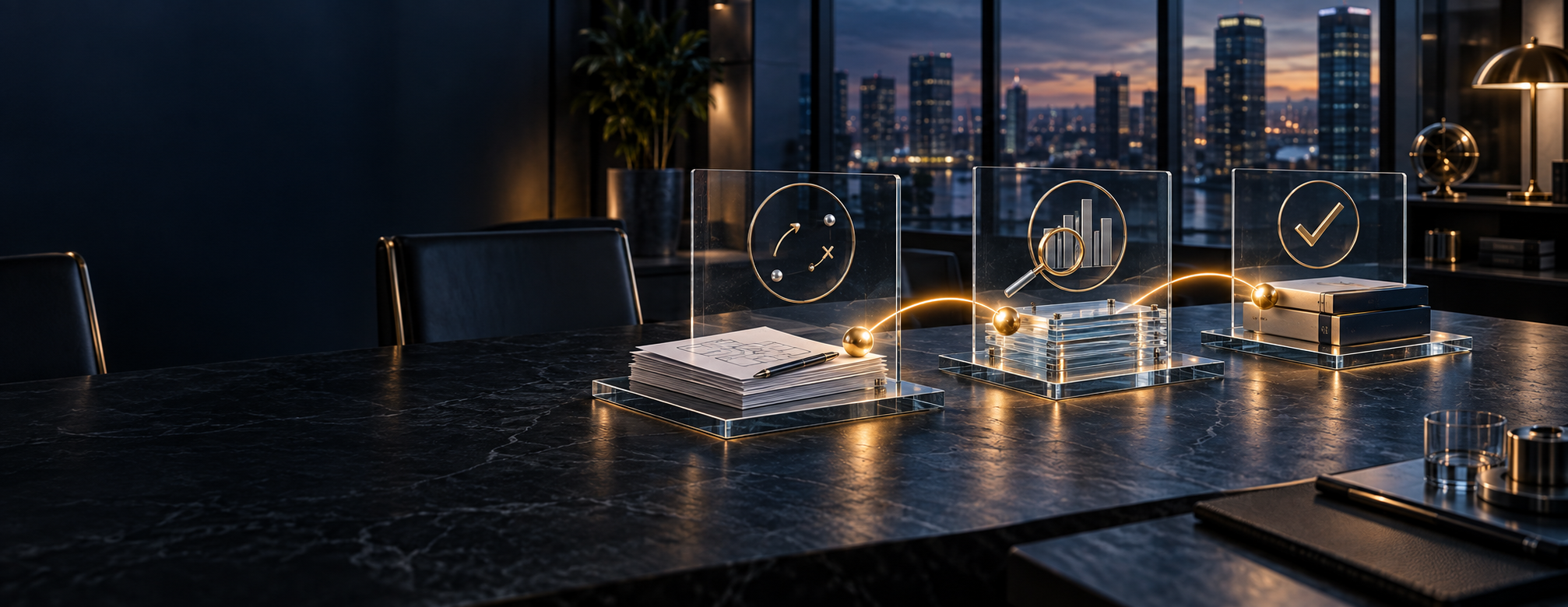 A structured executive workspace showing scope, review, and completed delivery connected by a gold path